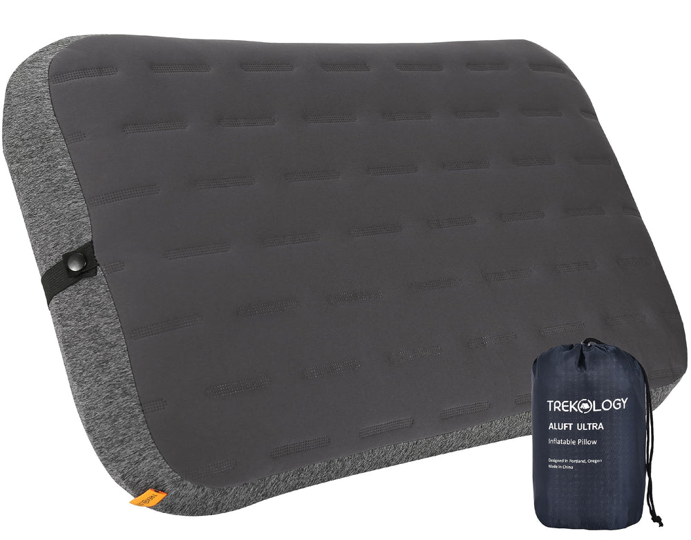 TREKOLOGY Aluft Ultra Pillow inflated to 24x15 inches delivers home-like comfort on outdoor trips