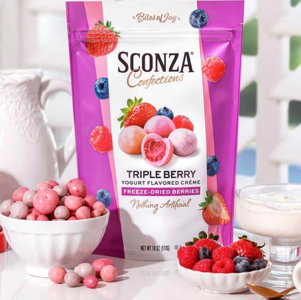 Triple Berry Yogurt Creme bites in a resealable bag, perfect for on-the-go snacking.
