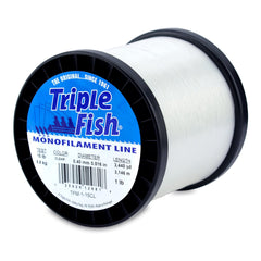 Triple Fish Monofilament Line clear-spool shows stealth and knot strength for clear-water fishing.