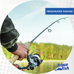 Triple Fish Monofilament Line knot-strength highlighted on reel for dependable hookups.