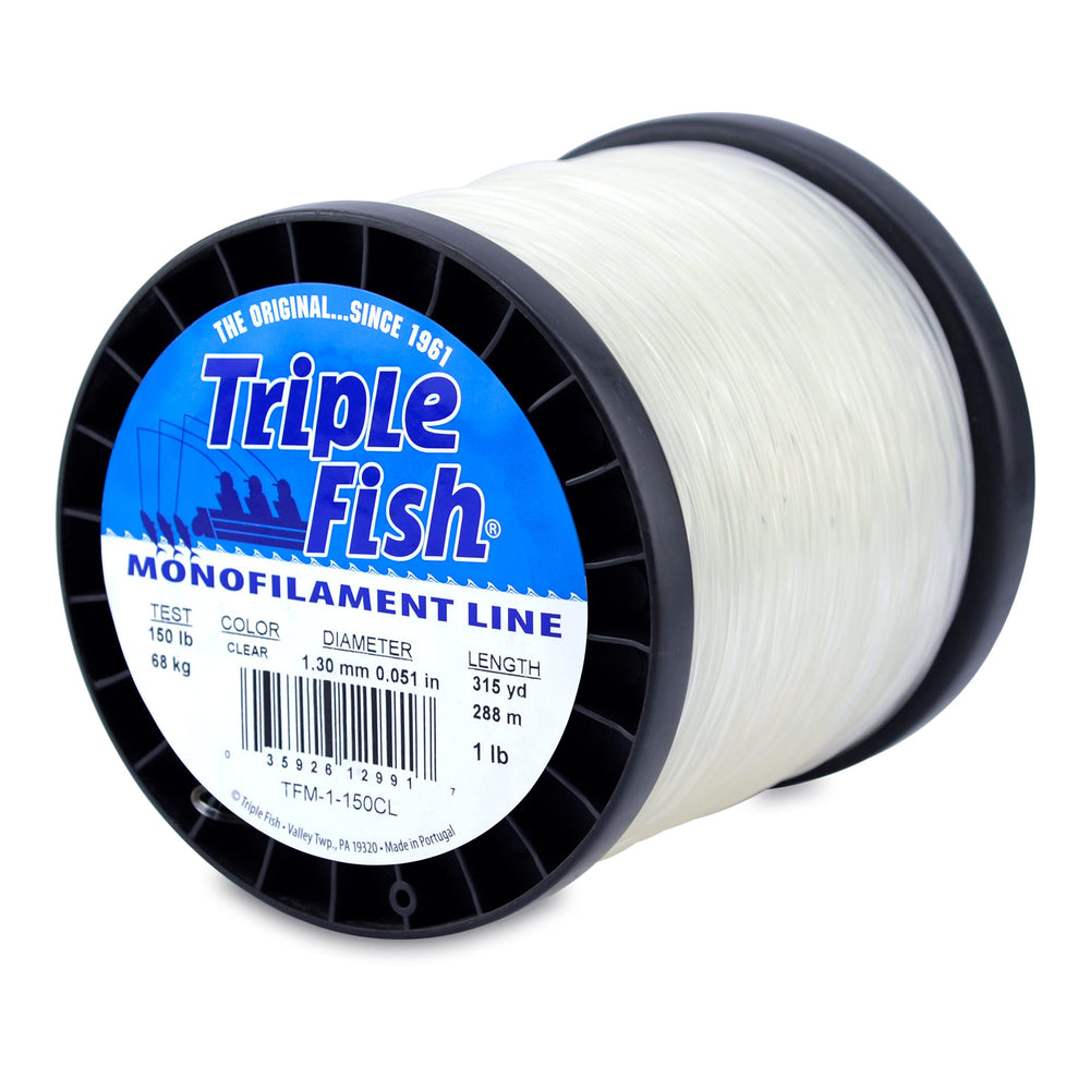 Triple Fish monofilament line spool close-up showing 315 yd length for versatile use