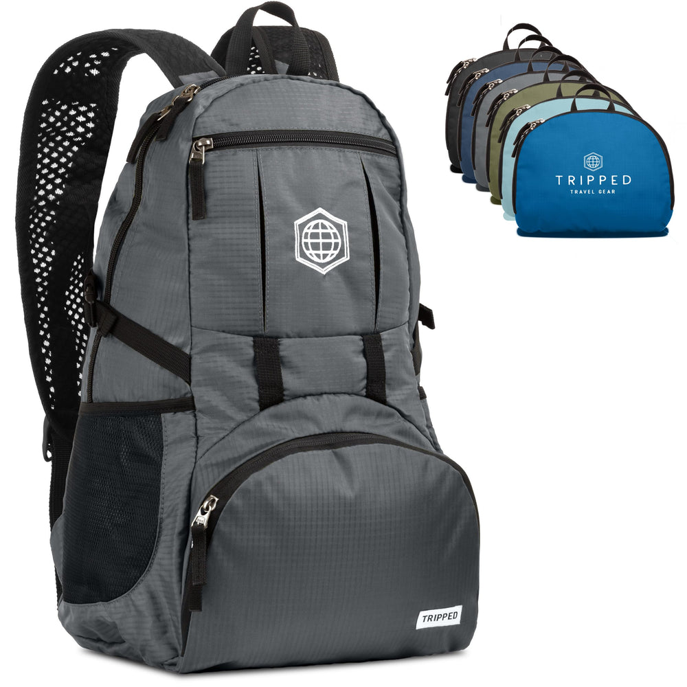 TRIPPED Granite Grey 35L Backpack folded compact for easy packing and carry-on readiness
