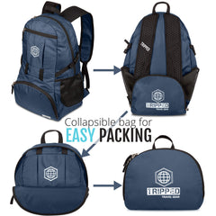 TRIPPED Travel Gear blue packable daypack ideal for vacations.