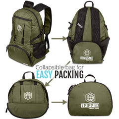 TRIPPED Travel Gear traveling backpack foldable green side pocket emphasizes organized storage on the go