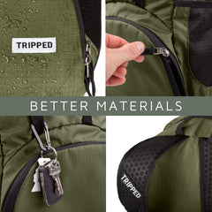 TRIPPED Travel Gear traveling backpack foldable top pocket holds sunglasses securely during transit