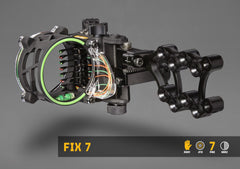 Trophy Ridge Fix 7-pin pins closeup highlights ultra-bright fiber optics for visibility.