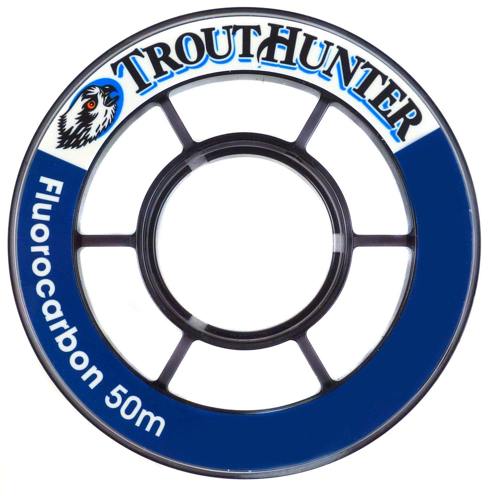 TroutHunter fluorocarbon tippet 3-pack in 3X, 4X, 5X with 50m spools on compact misty gray large arbor spool
