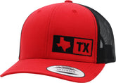 Front view of Trucker Hat Texas in Red/Black with embroidered logo