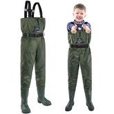 Trudave kids chest waders waterproof fabric keeping kids dry during river fishing.