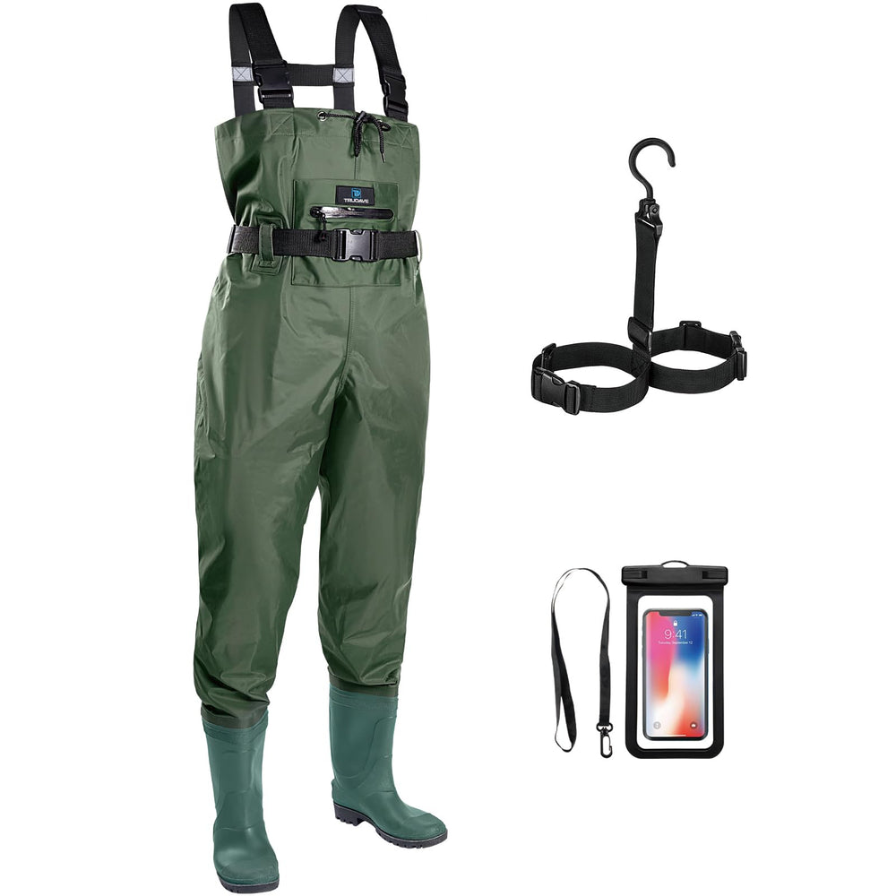 Trudave chest waders with boots in a river setup, waterproof and breathable.