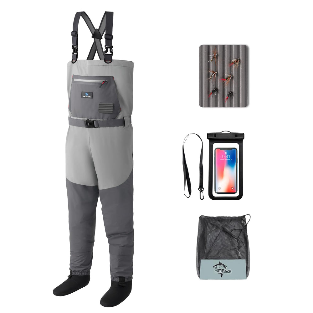 Trudave fishing waders waterproof chest view highlights all-day dry comfort while wading during river casting