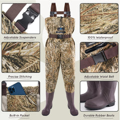 Trudave kids chest waders boots closeup shows sturdy PVC boots for rocky riverbeds.