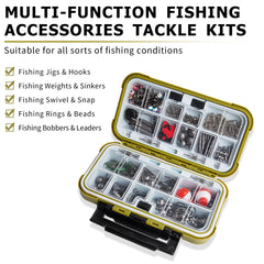 Assorted fishing hooks, weights, and lures organized in the tackle box