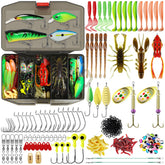 TRUSCEND 128-piece fishing lure kit displayed in a clear tackle box