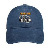 Trust Me I'm A Mechanical Engineer hat front view with curved denim brim for timeless style