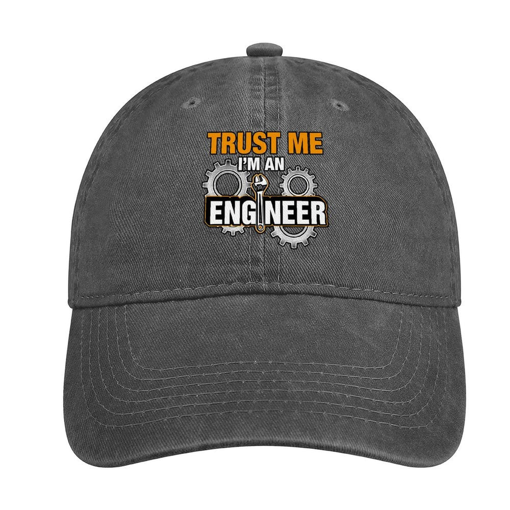 Trust Me I'm A Mechanical Engineer cap front view highlights denim texture and casual style.