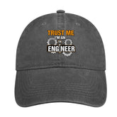 Trust Me I'm A Mechanical Engineer cap front view highlights denim texture and casual style.