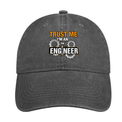 Trust Me I'm A Mechanical Engineer cap front view highlights denim texture and casual style.