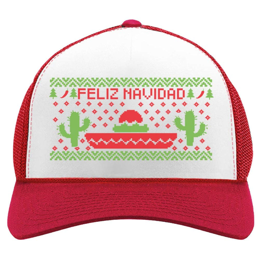 Tstars Feliz Navidad hat front view with festive cactus and peppers for holiday photos