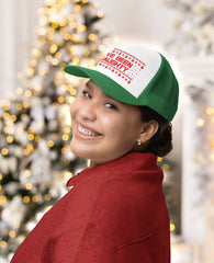 Close-up of Tstars I've Been Naughty cap front print showcasing playful holiday style.