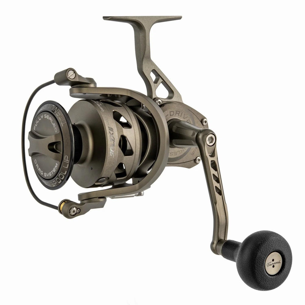 Tsunami SaltX II 6000 ArmourTech spinning reel close-up with rugged seals for saltwater use.