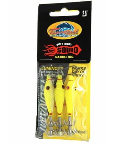 Tsunami chartreuse soft-body squid rig with luminous weave for nighttime attraction.