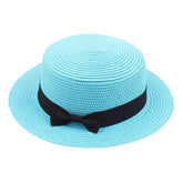 tuduoms women's straw boater hat in blue with wide brim for sun protection.