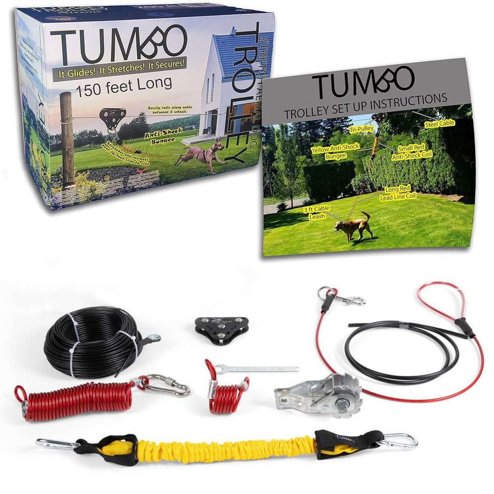Tumbo Xtreme pulley-assembly shows quick setup for a safe backyard dog zipline.