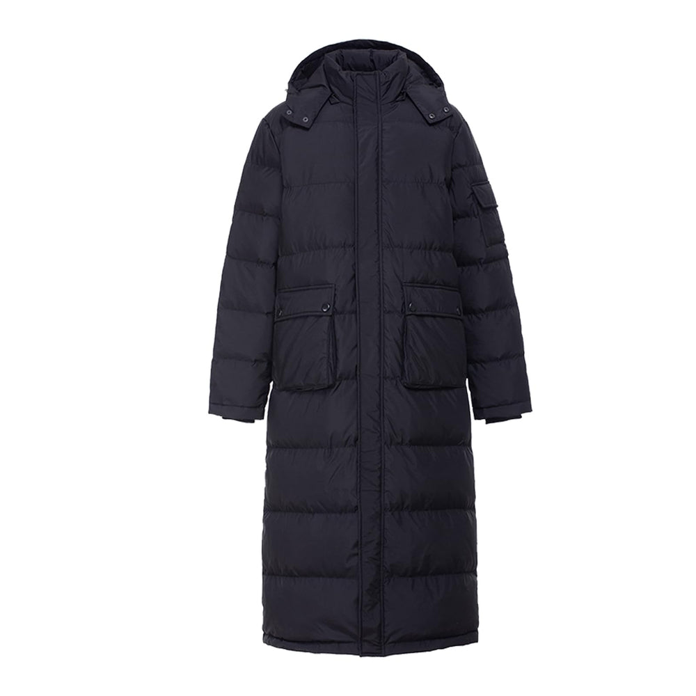 Tumjay men's long winter puffer coat front view for warmth during cold commutes.
