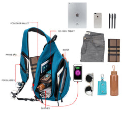 TurnWay sling bag USB port blue close-up for easy charging on the go.