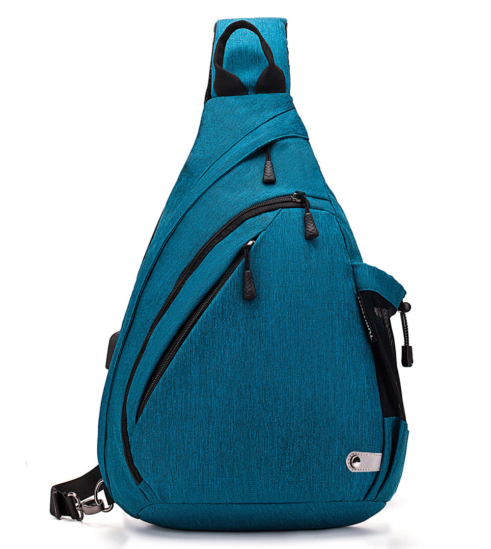 TurnWay waterproof sling bag blue front view for travel and daily use.