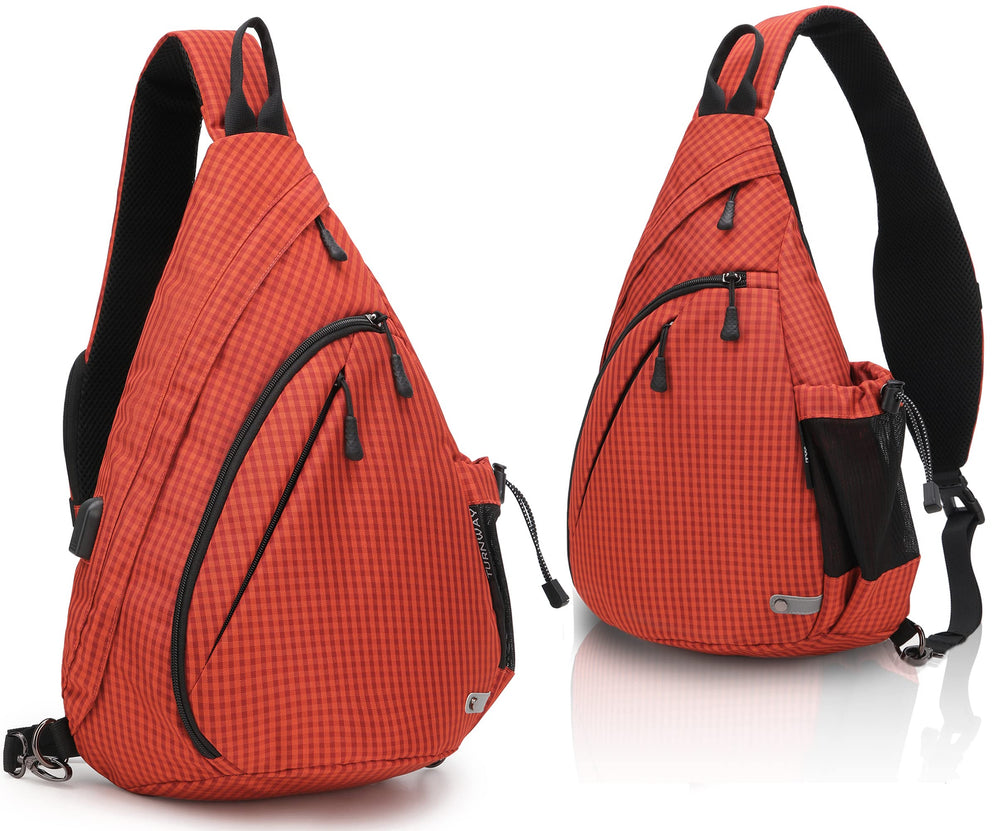 TurnWay waterproof sling bag orange grid front view offers travel-ready design