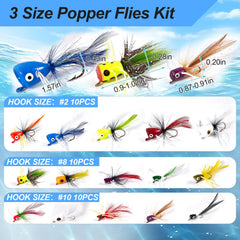 Close-up of hand-tied popper flies with feather detailing and metal hooks