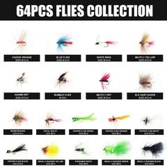 Side view of TWUROTI 64PCS kit showing organized flies in waterproof fly box