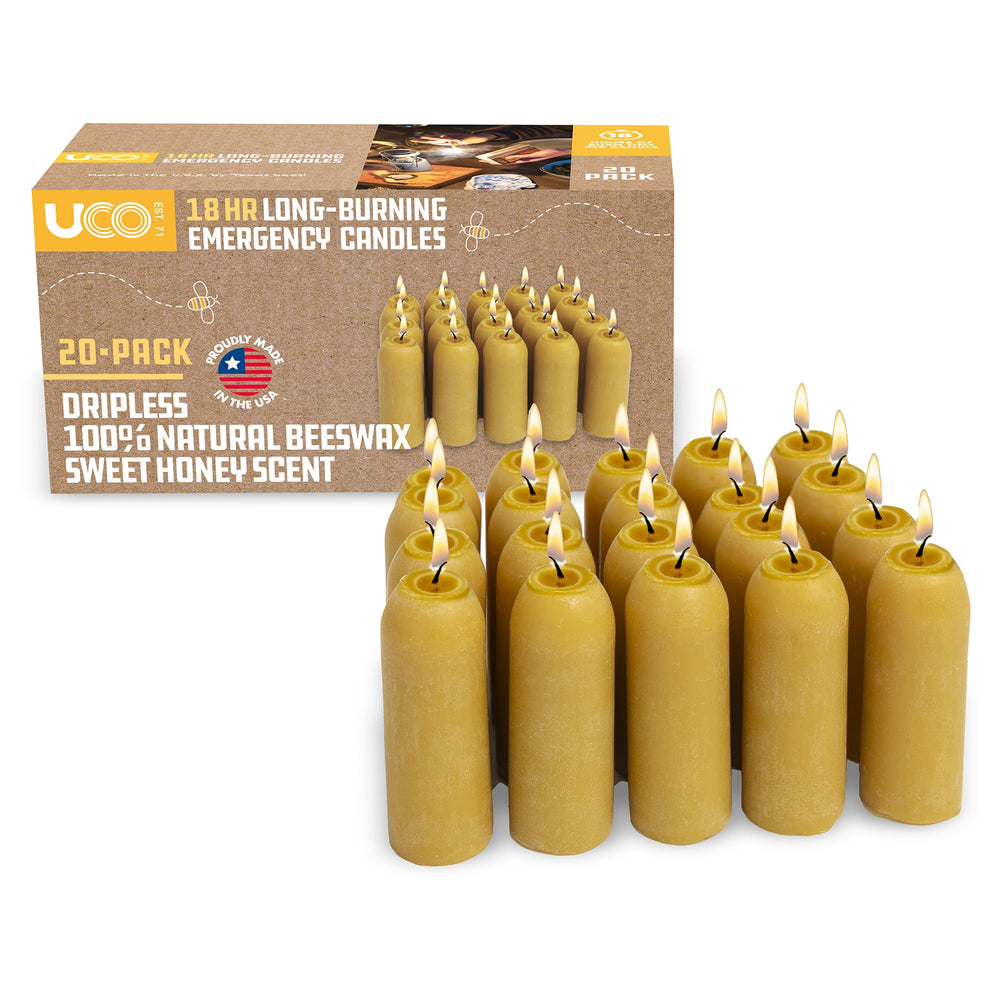 UCO beeswax candle in lantern delivers long-lasting light for emergencies.