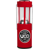 UCO 24351 camping candle lantern red, front view, compact for easy outdoor carrying.