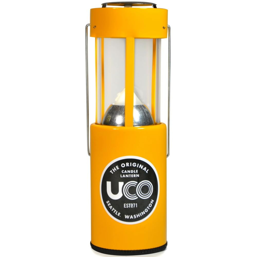 UCO Candle Lantern yellow lit setup for camping and outdoor lighting