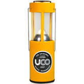 UCO Candle Lantern yellow lit setup for camping and outdoor lighting