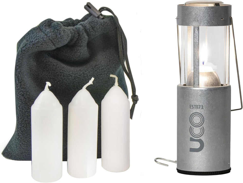 UCO Original Candle Lantern front view glowing softly for campsite ambiance