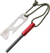 UCO Survival Fire Striker with tethered multitool lights tinder in wet conditions.