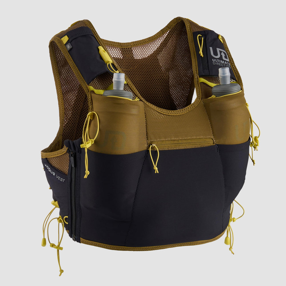 Ultimate Direction Xodus vest front view with accessible pockets for trail convenience.
