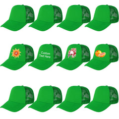 Ultrafun 12Pack Green Trucker Hat front view showing breathable mesh back for cooling.