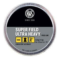 Umarex RWS Superfield Ultra Heavy 9.7-grain domed pellets in view, showcasing consistency