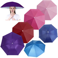 Six umbrella hats in assorted solid colors laid out together