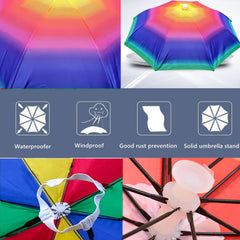 Close-up of elastic headband on rainbow umbrella hat