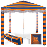Umbrellissimo premium beach cabana navy-orange fabric close-up showcasing durable fade-resistant materials for sunny days.