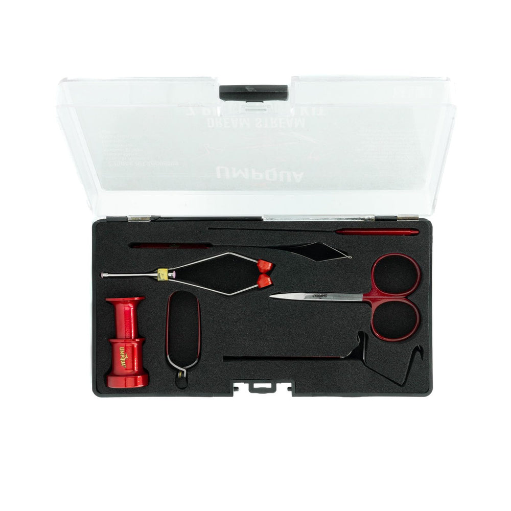 Umpqua Dreamstream 7pc tie set red closeup highlights precise tools for quick fly tying tasks