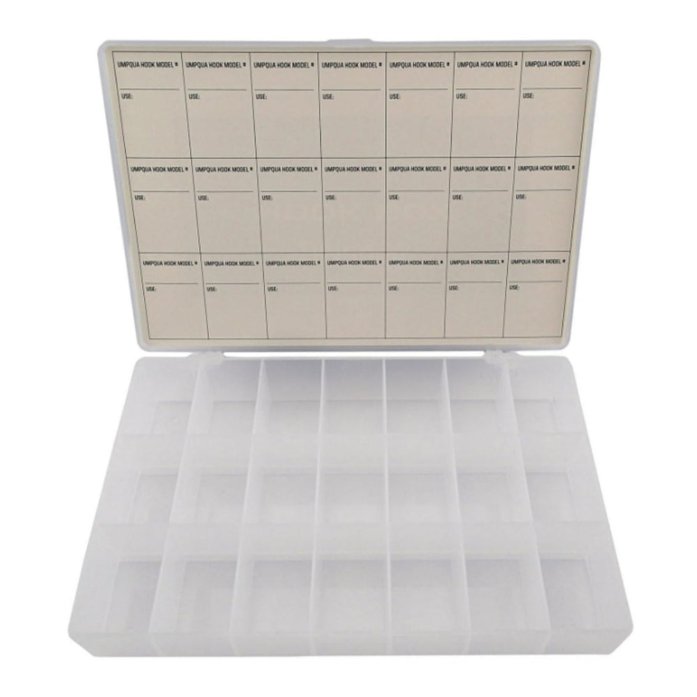 Umpqua Hook Box 30697 front view with 21 compartments for easy fly organization.