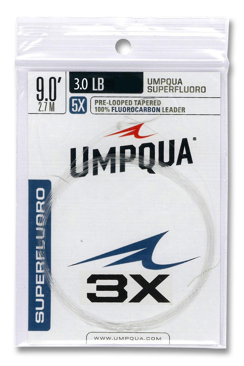 Umpqua SuperFluoro LDR 9ft 3X pre-looped leader offers clean visibility and smooth casts.