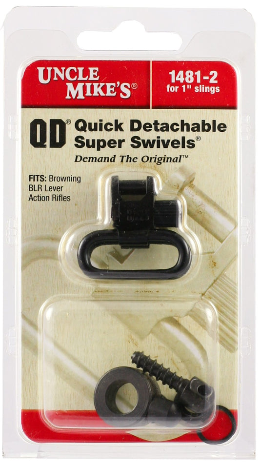 Close-up of Uncle Mike's QD 115 Blued swivel showing knurled sleeve and spring-loaded plunger